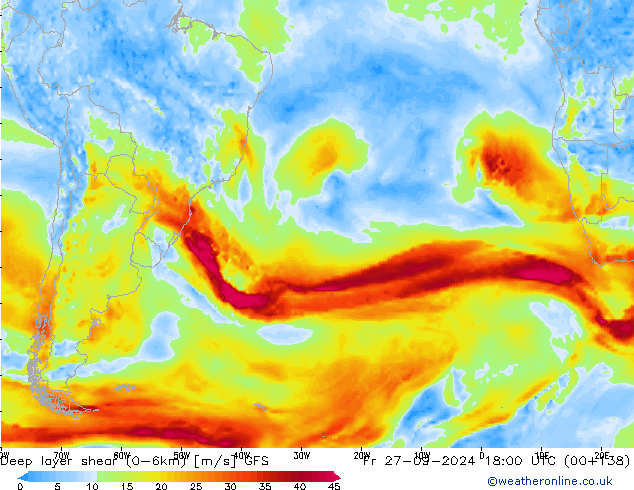 Deep layer shear (0-6km) GFS Pá 27.09.2024 18 UTC