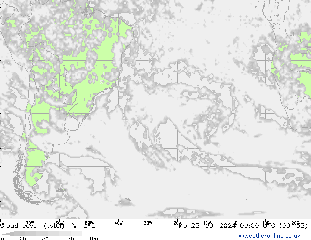 Cloud cover (total) GFS Po 23.09.2024 09 UTC