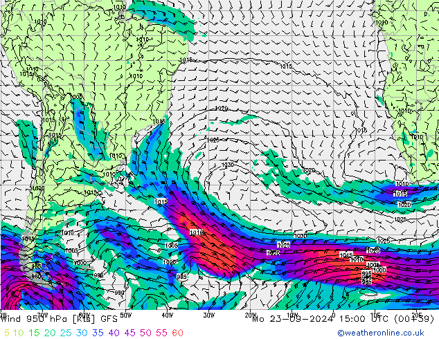 Vento 950 hPa GFS lun 23.09.2024 15 UTC