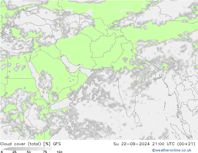 облака (сумма) GFS Вс 22.09.2024 21 UTC