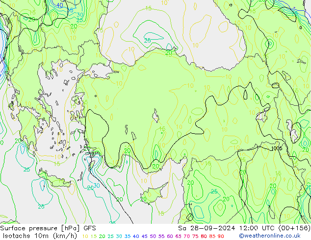 Isotachs (kph) GFS сб 28.09.2024 12 UTC