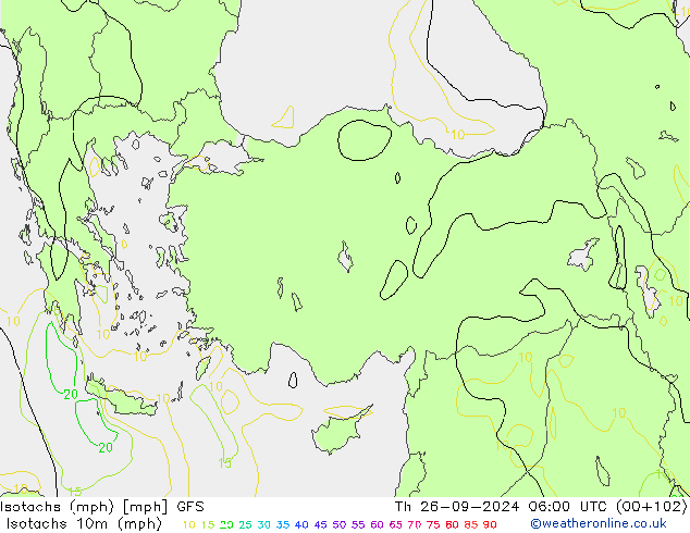 Isotachs (mph) GFS jeu 26.09.2024 06 UTC