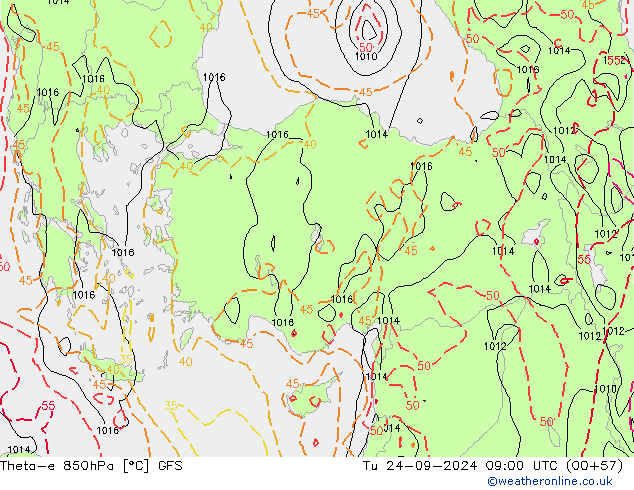 Theta-e 850hPa GFS Tu 24.09.2024 09 UTC