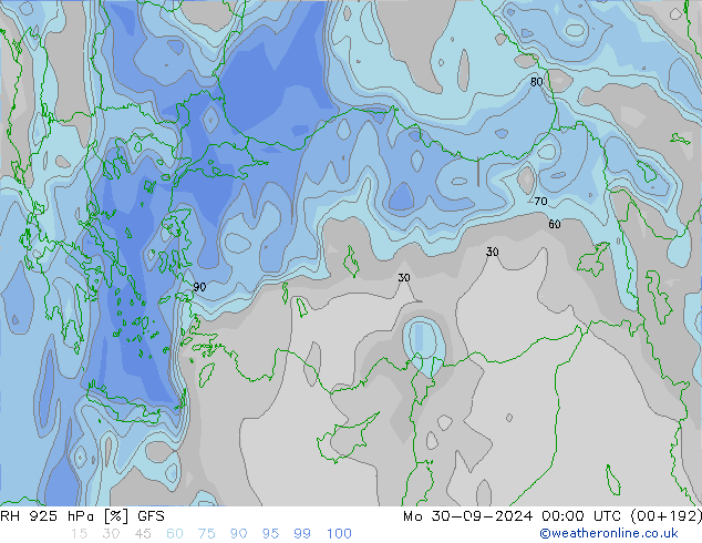 RH 925 hPa GFS Seg 30.09.2024 00 UTC