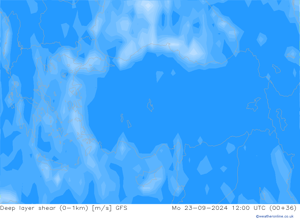 Deep layer shear (0-1km) GFS Mo 23.09.2024 12 UTC