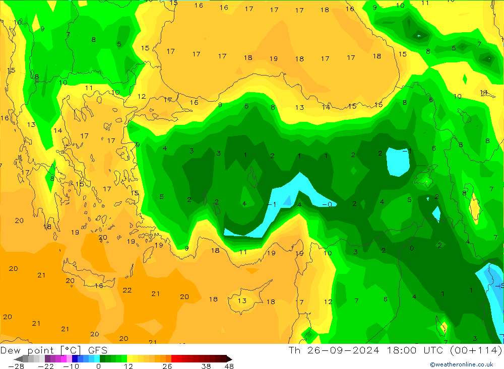 Punto di rugiada GFS gio 26.09.2024 18 UTC