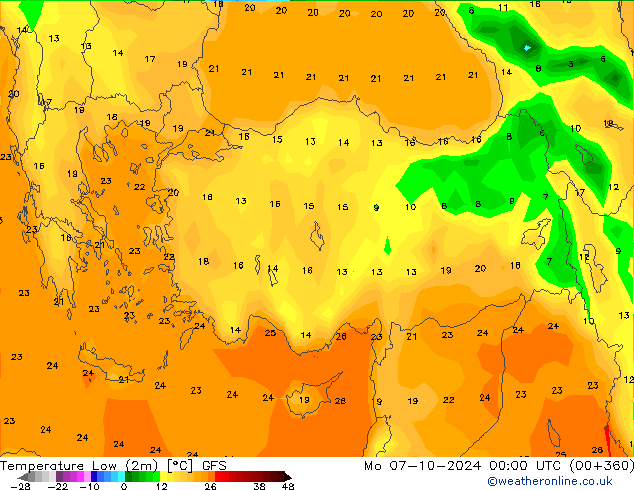 temperatura mín. (2m) GFS Seg 07.10.2024 00 UTC