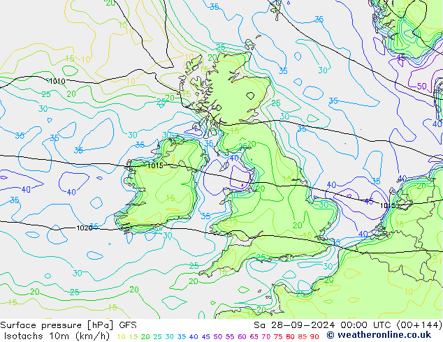 Isotachs (kph) GFS сб 28.09.2024 00 UTC