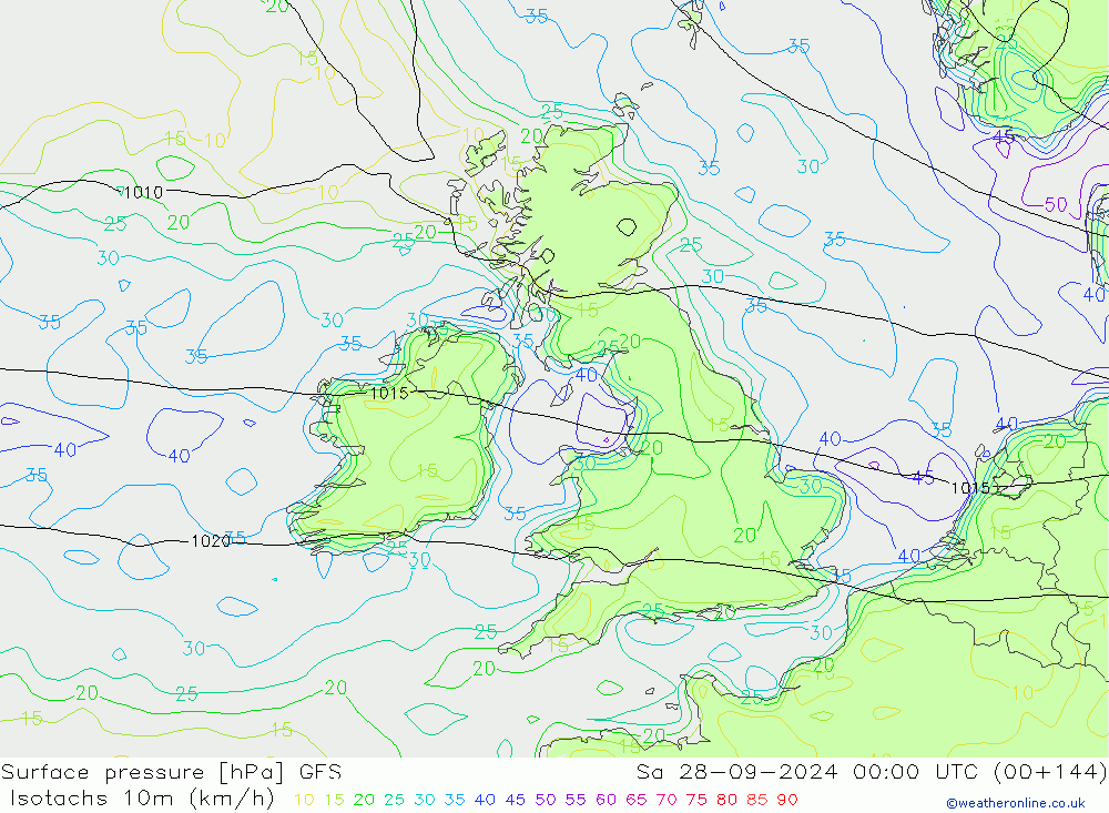 Isotachs (kph) GFS сб 28.09.2024 00 UTC