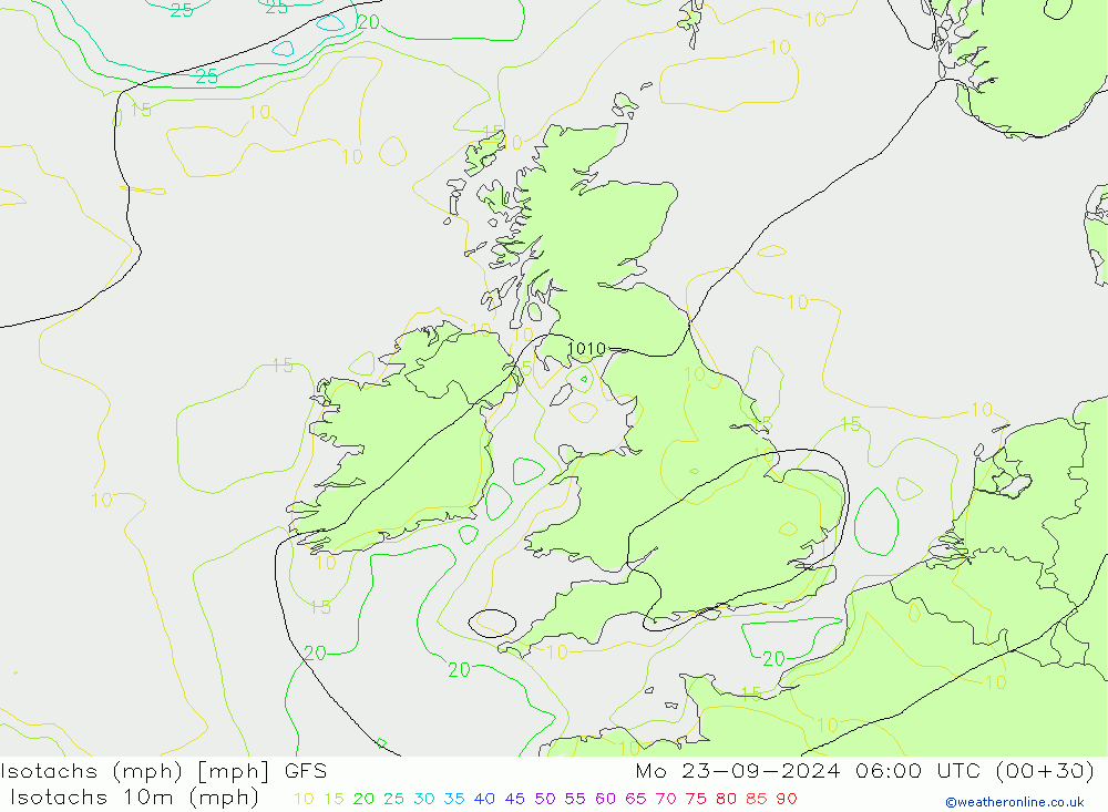 Isotachen (mph) GFS ma 23.09.2024 06 UTC