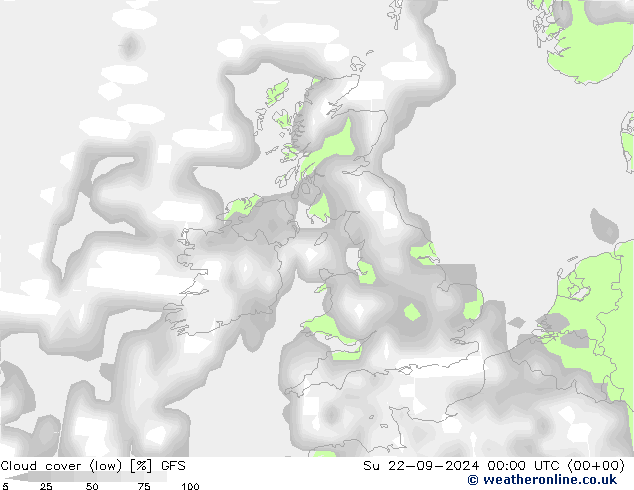 Cloud cover (low) GFS Su 22.09.2024 00 UTC