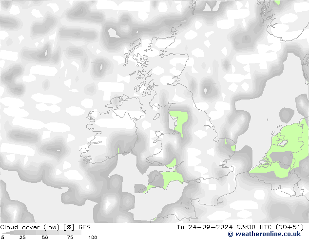 Cloud cover (low) GFS Tu 24.09.2024 03 UTC