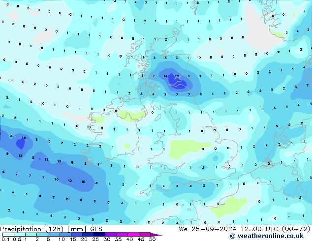 Totale neerslag (12h) GFS wo 25.09.2024 00 UTC