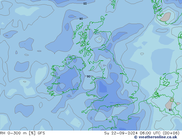 RH 0-300 m GFS Su 22.09.2024 06 UTC