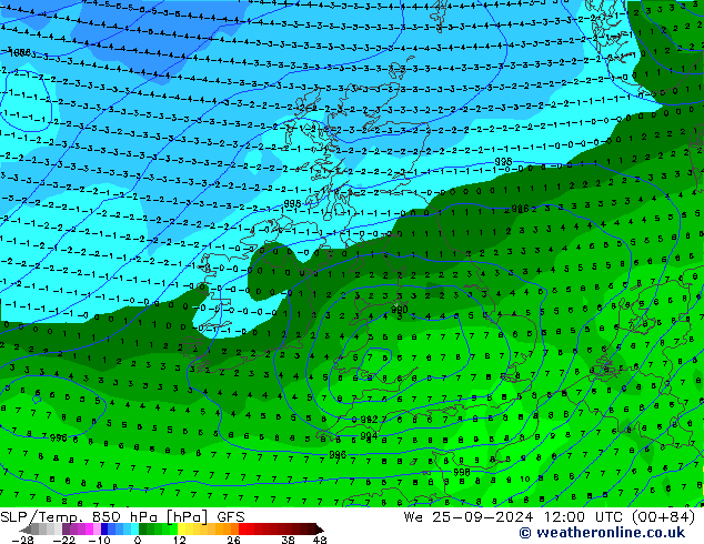 SLP/Temp. 850 hPa GFS mer 25.09.2024 12 UTC