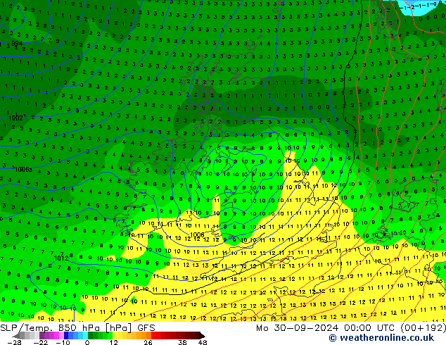 SLP/Temp. 850 hPa GFS pon. 30.09.2024 00 UTC