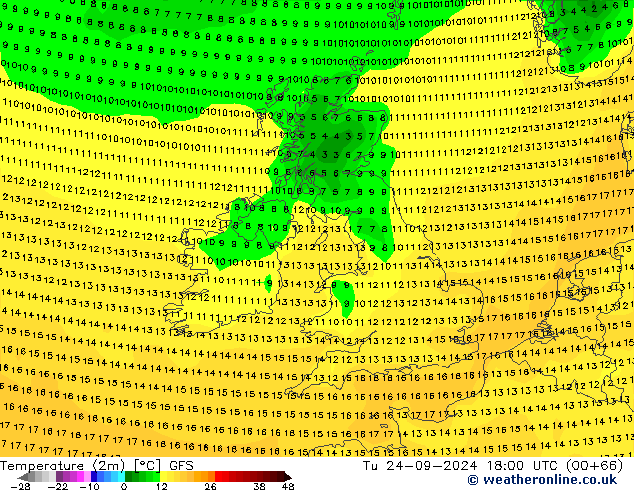 Temperatuurkaart (2m) GFS di 24.09.2024 18 UTC