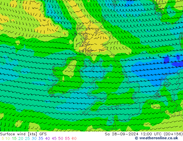 ветер 10 m GFS сб 28.09.2024 12 UTC