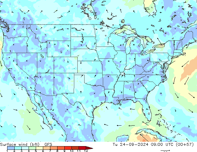 Surface wind (bft) GFS Tu 24.09.2024 09 UTC