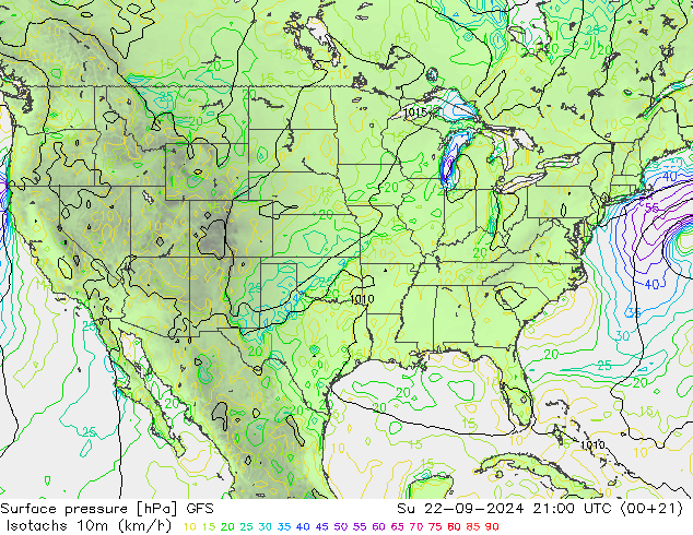 Isotachs (kph) GFS Su 22.09.2024 21 UTC