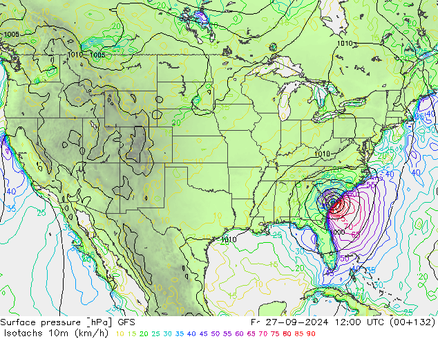 Isotachs (kph) GFS ven 27.09.2024 12 UTC