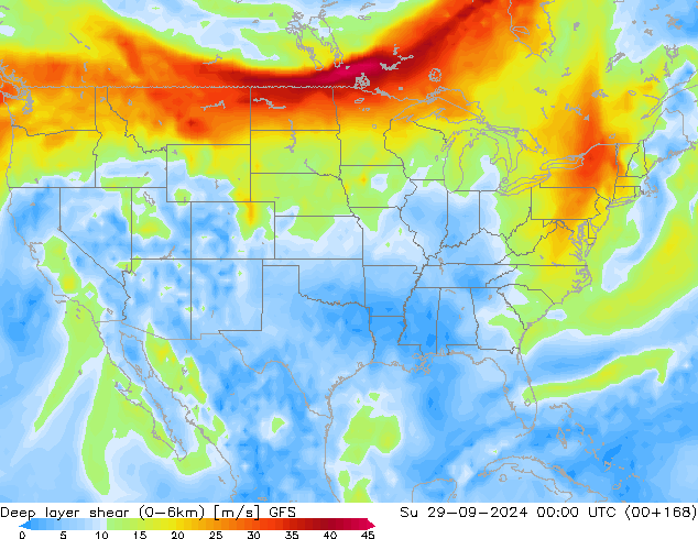 Deep layer shear (0-6km) GFS Paz 29.09.2024 00 UTC