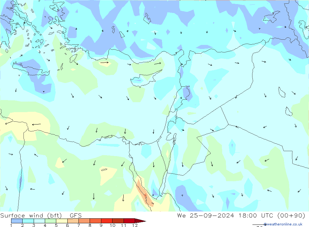 ве�Bе�@ 10 m (bft) GFS ср 25.09.2024 18 UTC