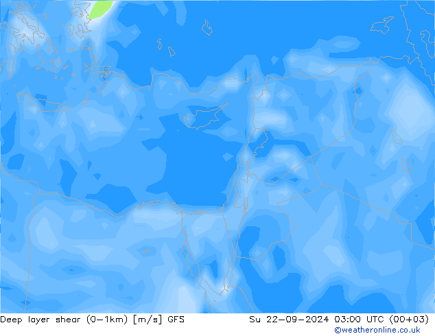 Deep layer shear (0-1km) GFS zo 22.09.2024 03 UTC