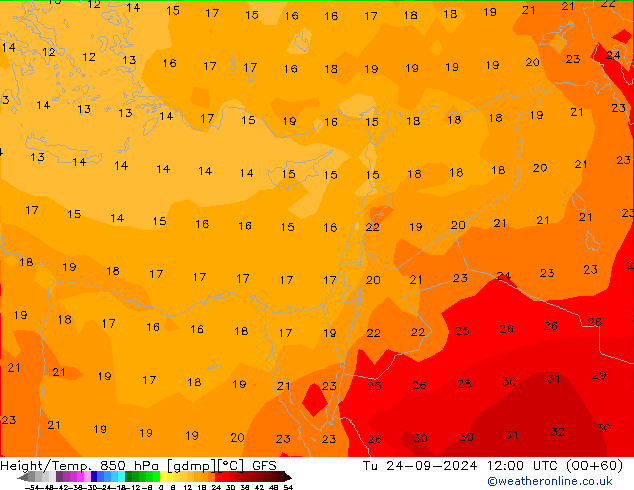 Height/Temp. 850 hPa GFS Út 24.09.2024 12 UTC