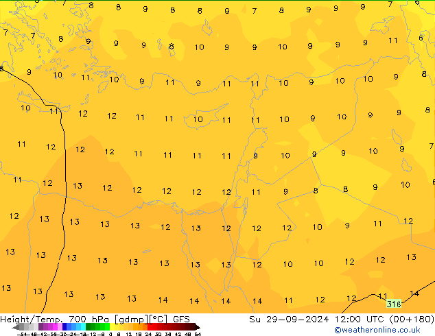 Height/Temp. 700 hPa GFS Su 29.09.2024 12 UTC