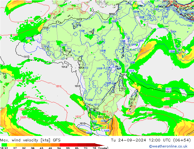 Max. wind snelheid GFS di 24.09.2024 12 UTC