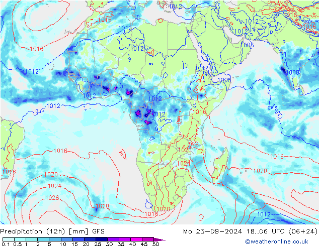 Precipitation (12h) GFS Mo 23.09.2024 06 UTC