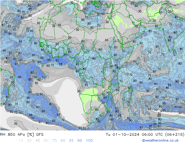 RH 850 hPa GFS Di 01.10.2024 06 UTC