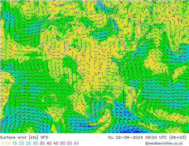 Surface wind GFS Su 22.09.2024 09 UTC