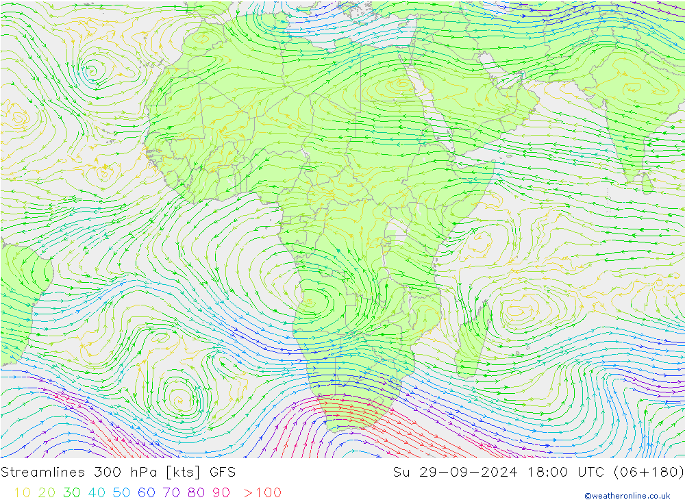 Streamlines 300 hPa GFS Su 29.09.2024 18 UTC