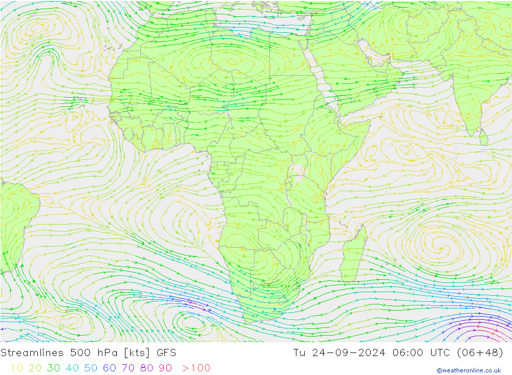 Linha de corrente 500 hPa GFS Ter 24.09.2024 06 UTC