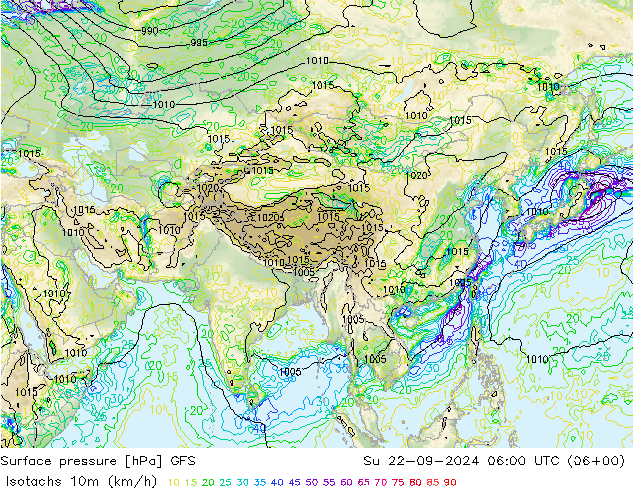 Isotachs (kph) GFS dom 22.09.2024 06 UTC