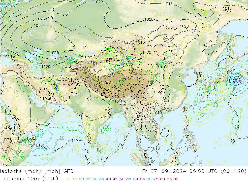 Isotachs (mph) GFS Fr 27.09.2024 06 UTC