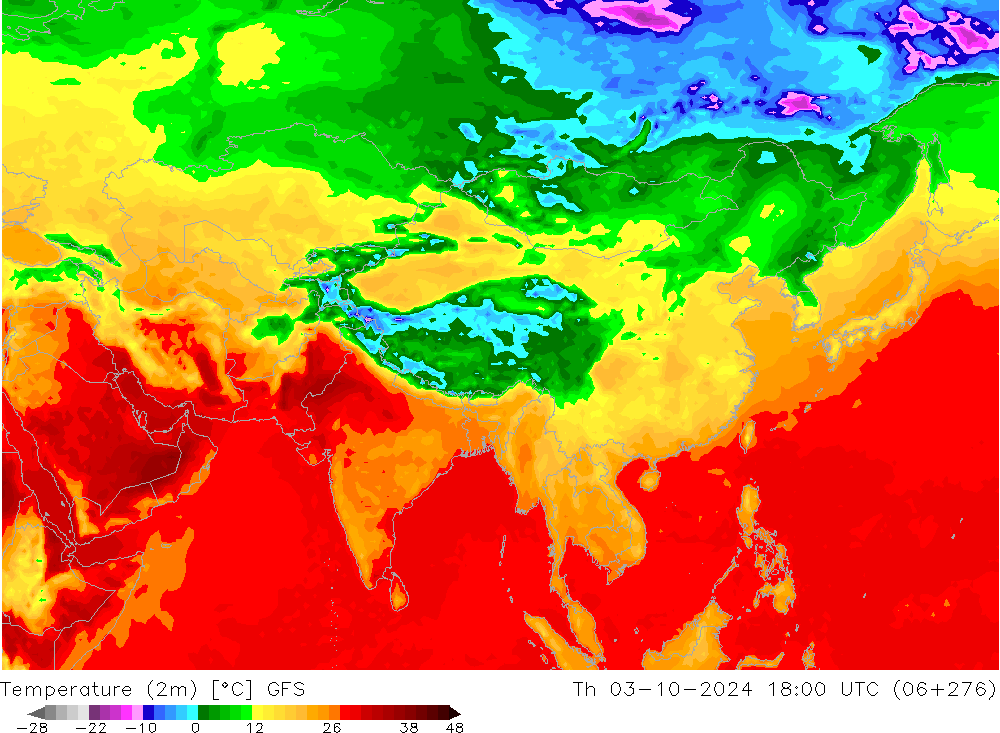 Temperatuurkaart (2m) GFS do 03.10.2024 18 UTC