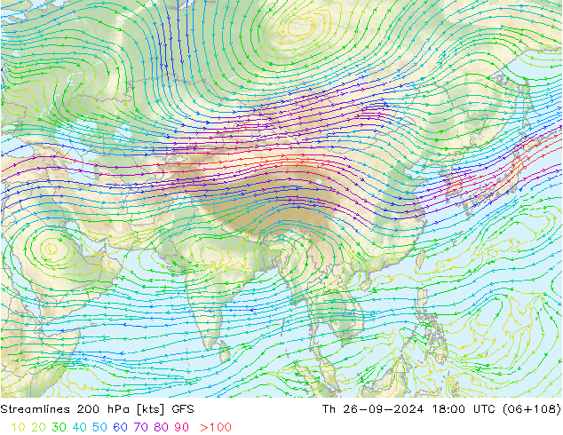 Streamlines 200 hPa GFS Čt 26.09.2024 18 UTC