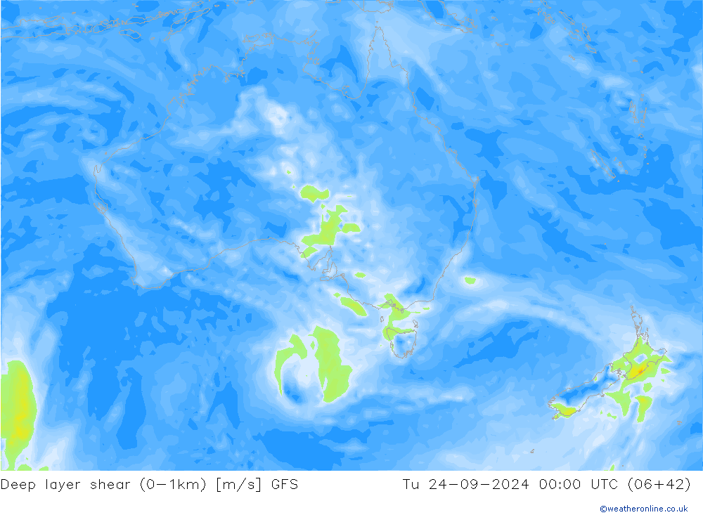 Deep layer shear (0-1km) GFS Út 24.09.2024 00 UTC