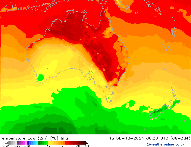 Min.temperatuur (2m) GFS di 08.10.2024 06 UTC