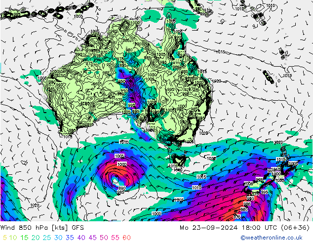 Wind 850 hPa GFS Po 23.09.2024 18 UTC