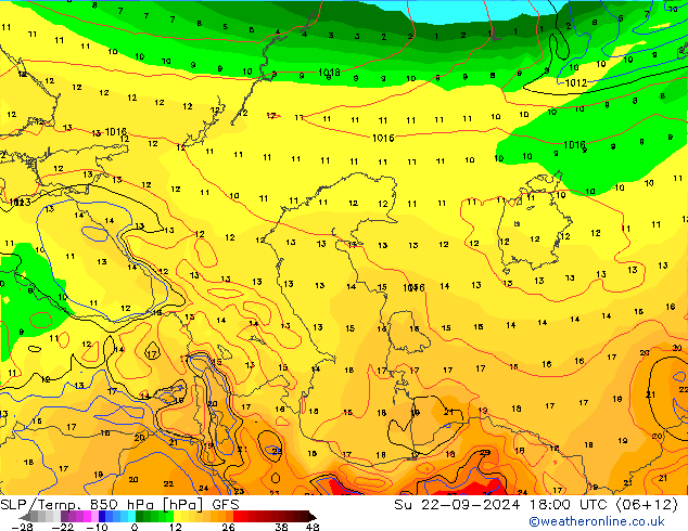 SLP/Temp. 850 hPa GFS zo 22.09.2024 18 UTC