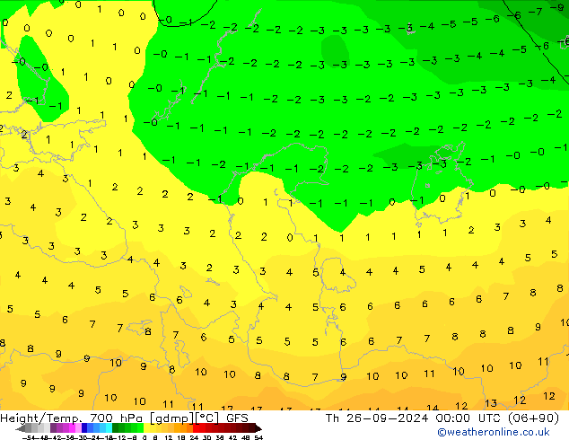 Geop./Temp. 700 hPa GFS jue 26.09.2024 00 UTC