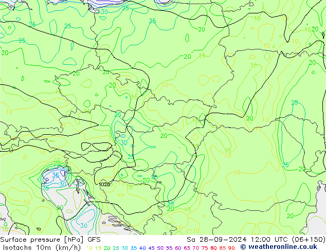 Eşrüzgar Hızları (km/sa) GFS Cts 28.09.2024 12 UTC