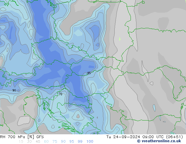 RH 700 hPa GFS Di 24.09.2024 09 UTC