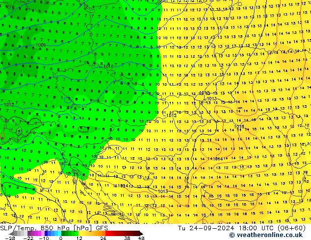 SLP/Temp. 850 hPa GFS Tu 24.09.2024 18 UTC