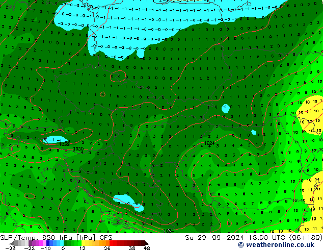 SLP/Temp. 850 hPa GFS Ne 29.09.2024 18 UTC