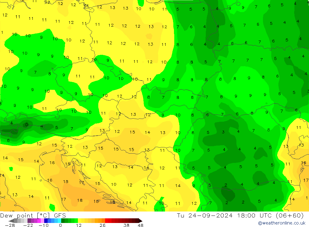 Rosný bod GFS Út 24.09.2024 18 UTC